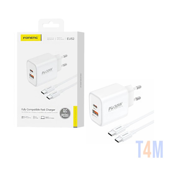 Carregador Foneng EU52 2 Portas USB-A+Tipo-C PD 30W com cabo Tipo-C para Tipo-C Branco